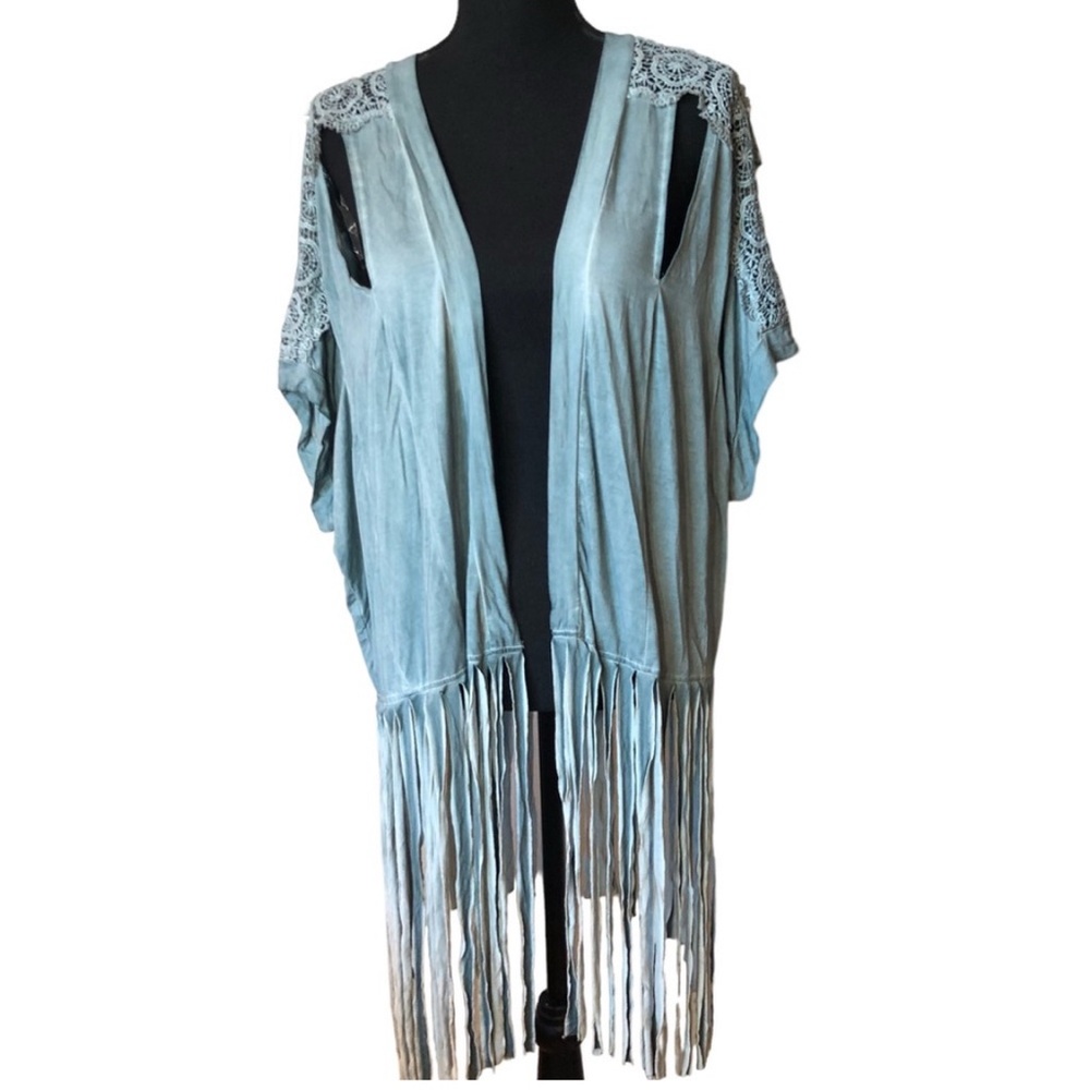 POL Light Blue Fringe Duster Top